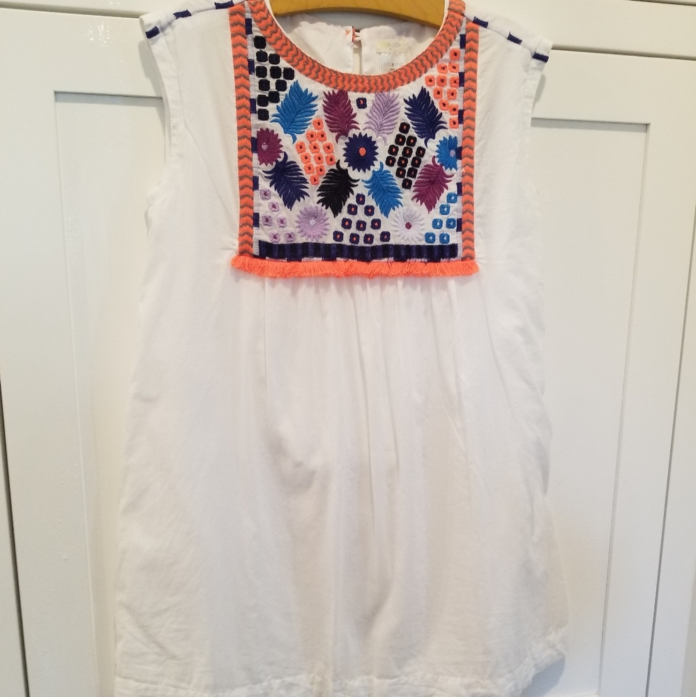 Girl's Crewcuts White Cotton Floral Embroidered Bib Boho Dress - Size 8